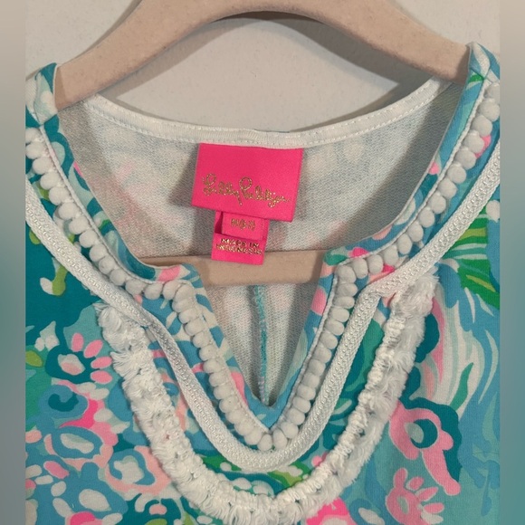 Lilly Pulitzer Girls Shift Dress Size 6/7 M | Blue Pink Tropical Print - Picture 2 of 9